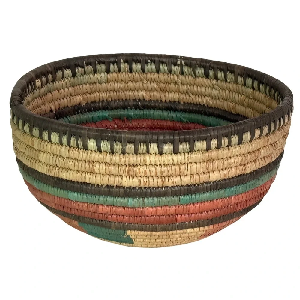 Vintage Hausa Multi-Colored Coiled Basket Handwoven Tribal Decorative  9.5